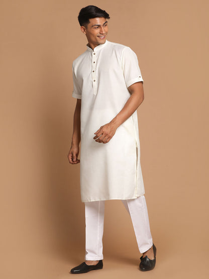 Men's Cream Cotton Blend Straight Kurta Pyjama Set