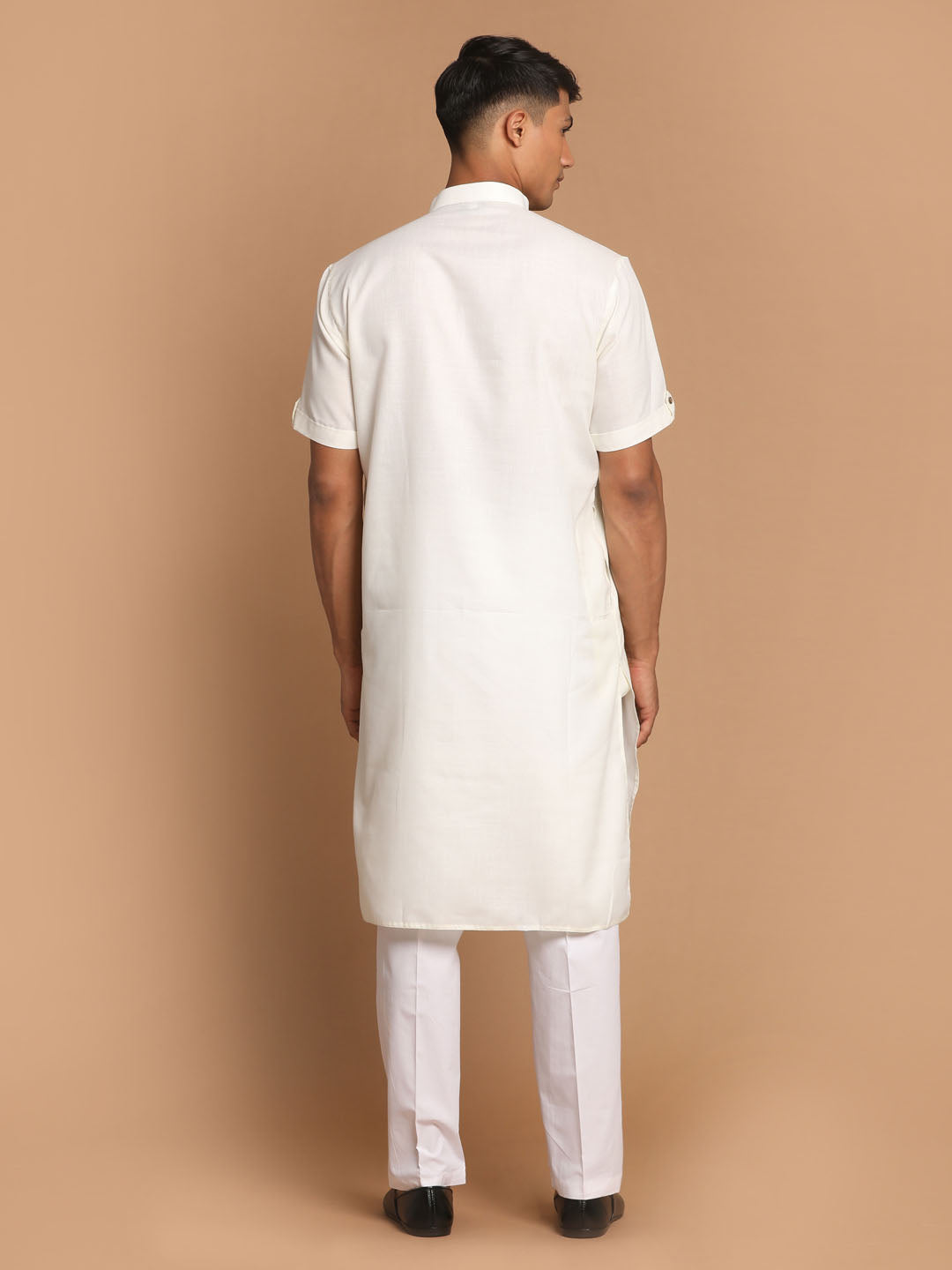 Men's Cream Cotton Blend Straight Kurta Pyjama Set