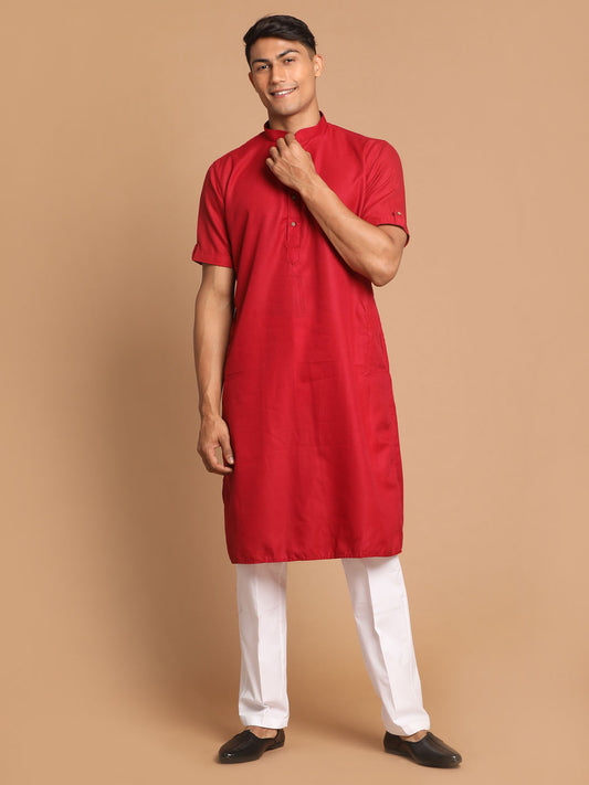 Men's Maroon Cotton Blend Straight Kurta Pyjama Set