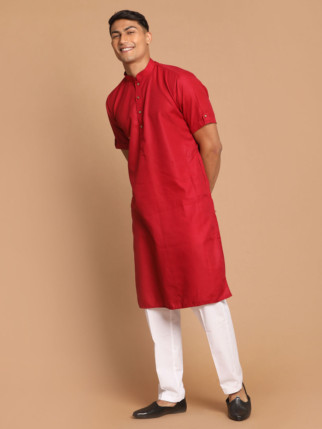 Men's Maroon Cotton Blend Straight Kurta Pyjama Set