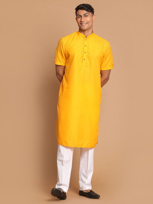 Men's Mustard Cotton Blend Straight Kurta Pyjama Set