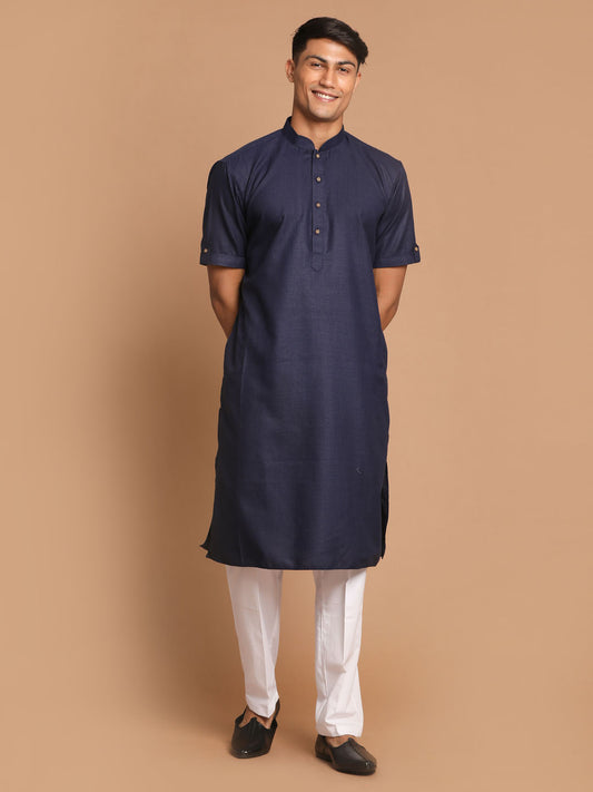 Men's Navy Blue Cotton Blend Straight Kurta Pyjama Set