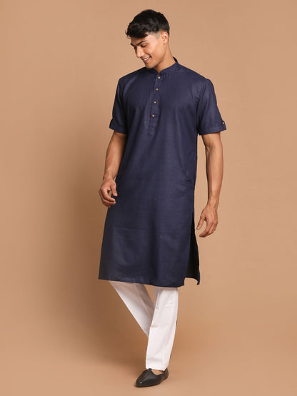 Men's Navy Blue Cotton Blend Straight Kurta Pyjama Set