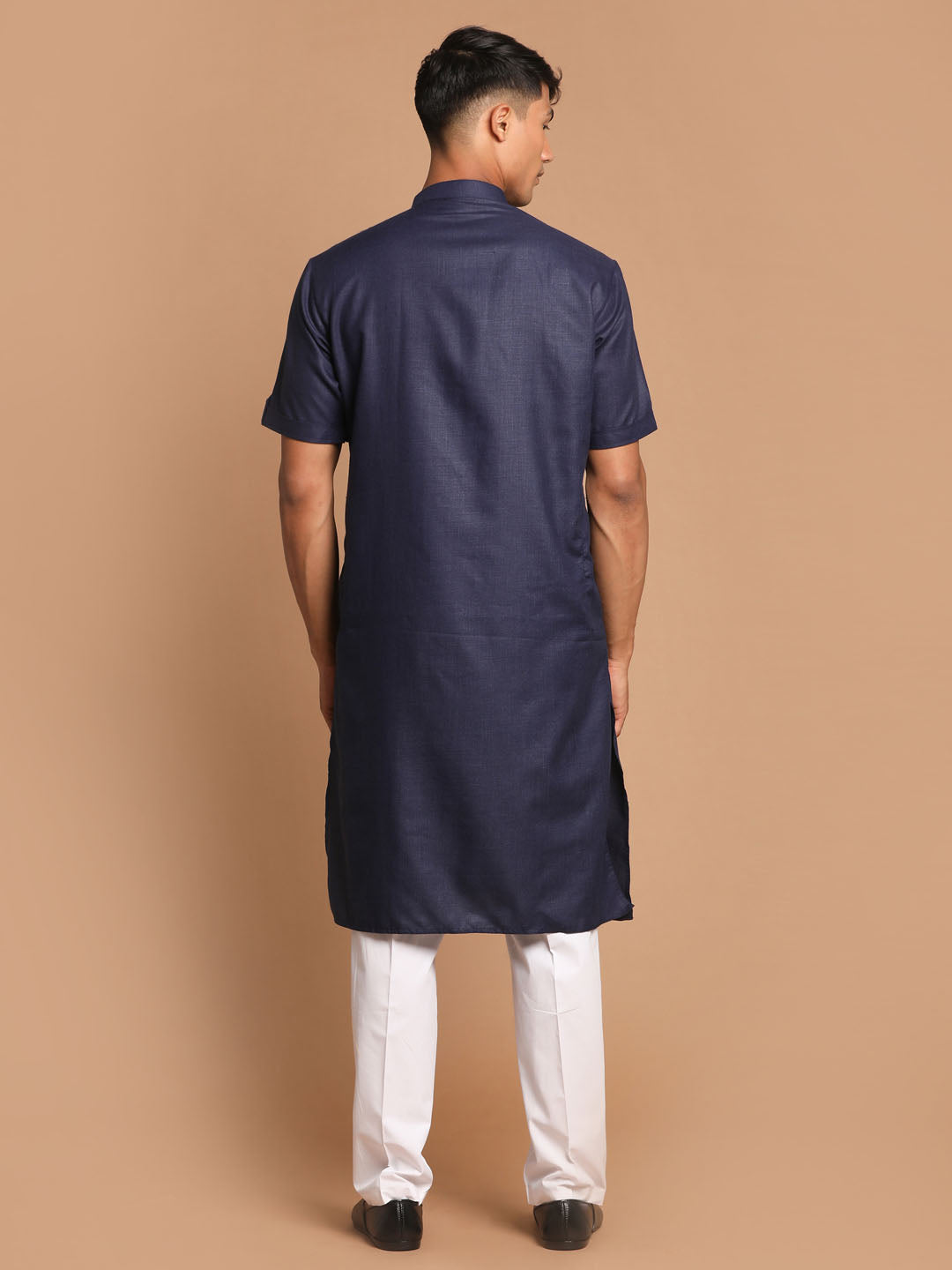 Men's Navy Blue Cotton Blend Straight Kurta Pyjama Set