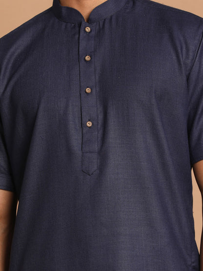 Men's Navy Blue Cotton Blend Straight Kurta Pyjama Set