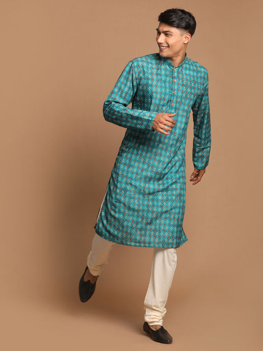 Men's Green Cotton Blend Straight Kurta Pyjama Set