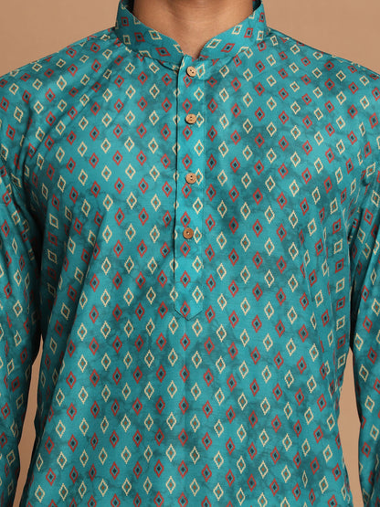 Men's Green Cotton Blend Straight Kurta Pyjama Set