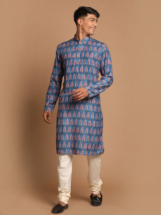 Men's Blue Cotton Blend Straight Kurta Pyjama Set