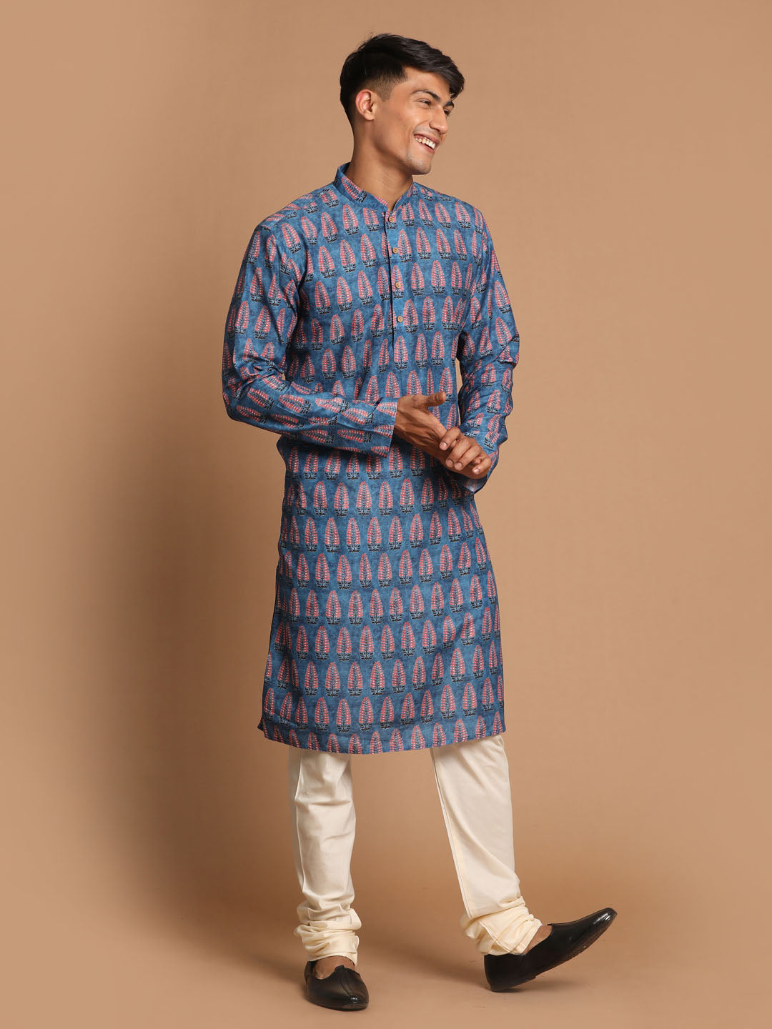 Men's Blue Cotton Blend Straight Kurta Pyjama Set