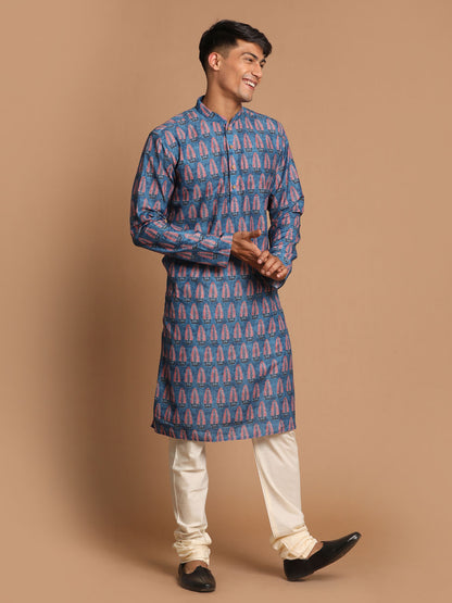 Men's Blue Cotton Blend Straight Kurta Pyjama Set