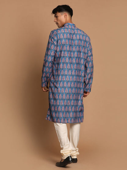Men's Blue Cotton Blend Straight Kurta Pyjama Set