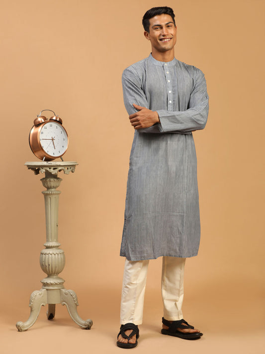 Men's Grey Cotton Blend Straight Kurta Pyjama Set