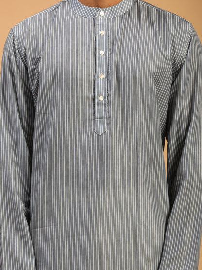 Men's Grey Cotton Blend Straight Kurta Pyjama Set