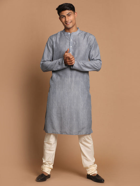 Men's Grey Cotton Blend Straight Kurta Pyjama Set