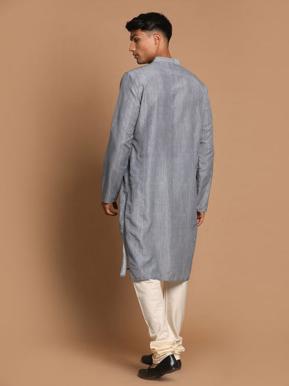 Men's Grey Cotton Blend Straight Kurta Pyjama Set