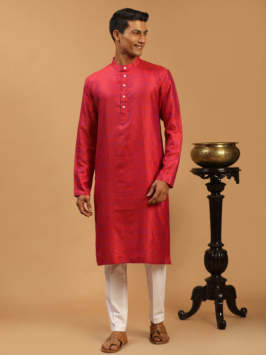 Men's Red Silk Blend Straight Kurta Pyjama Set