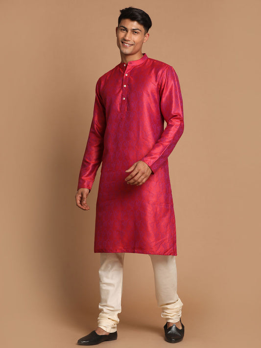 Men's Red Silk Blend Straight Kurta Pyjama Set