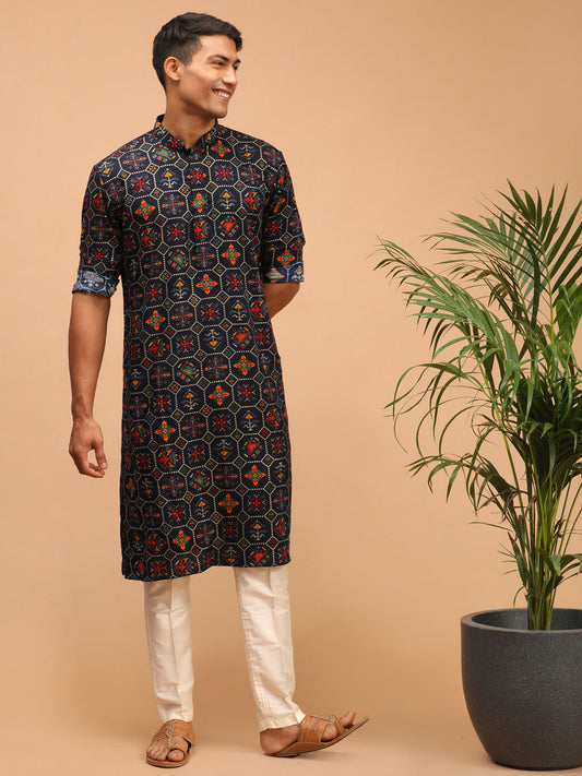 Men's Blue Cotton Blend Pathani Kurta Pyjama Set