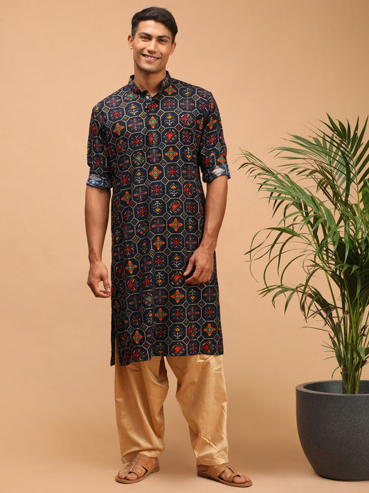 Men's Blue Cotton Blend Pathani Kurta and Patiala Set