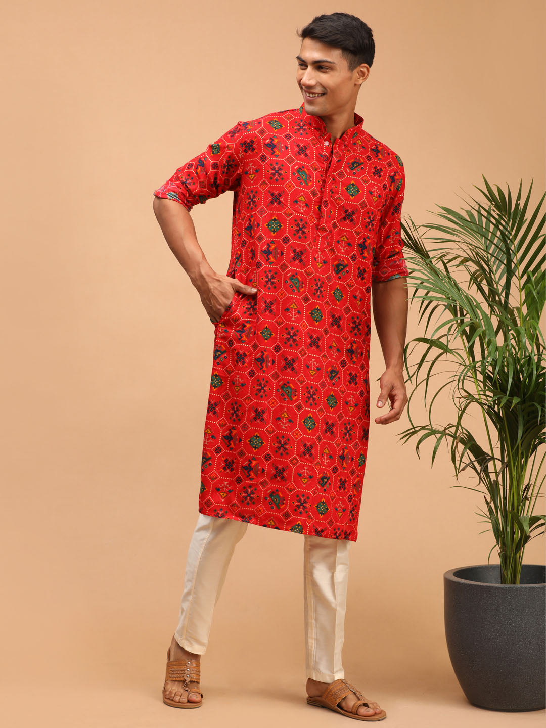 Men's Red Cotton Blend Pathani Kurta Pyjama Set