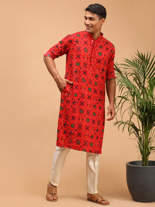 Men's Red Cotton Blend Pathani Kurta Pyjama Set