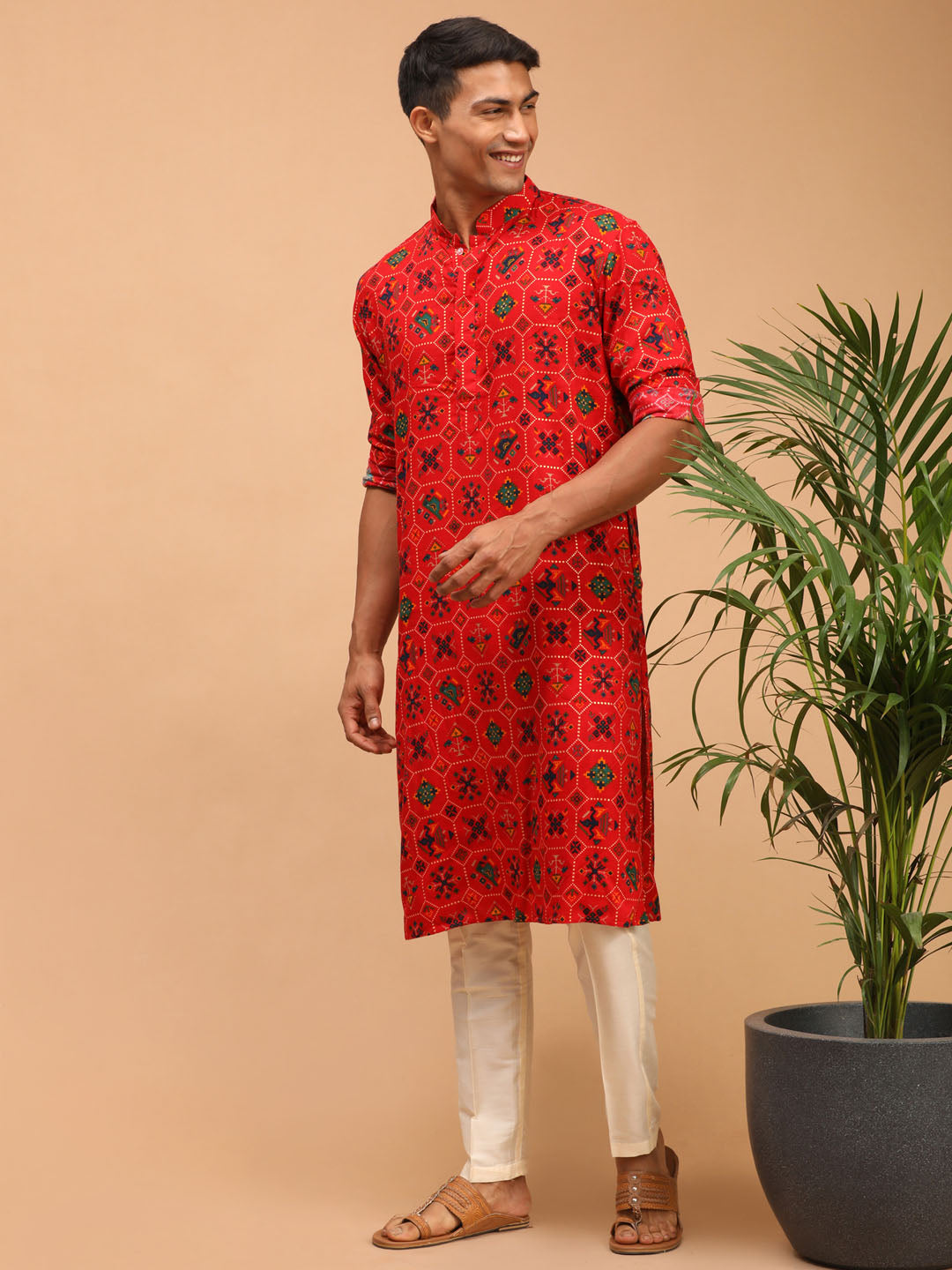 Men's Red Cotton Blend Pathani Kurta Pyjama Set