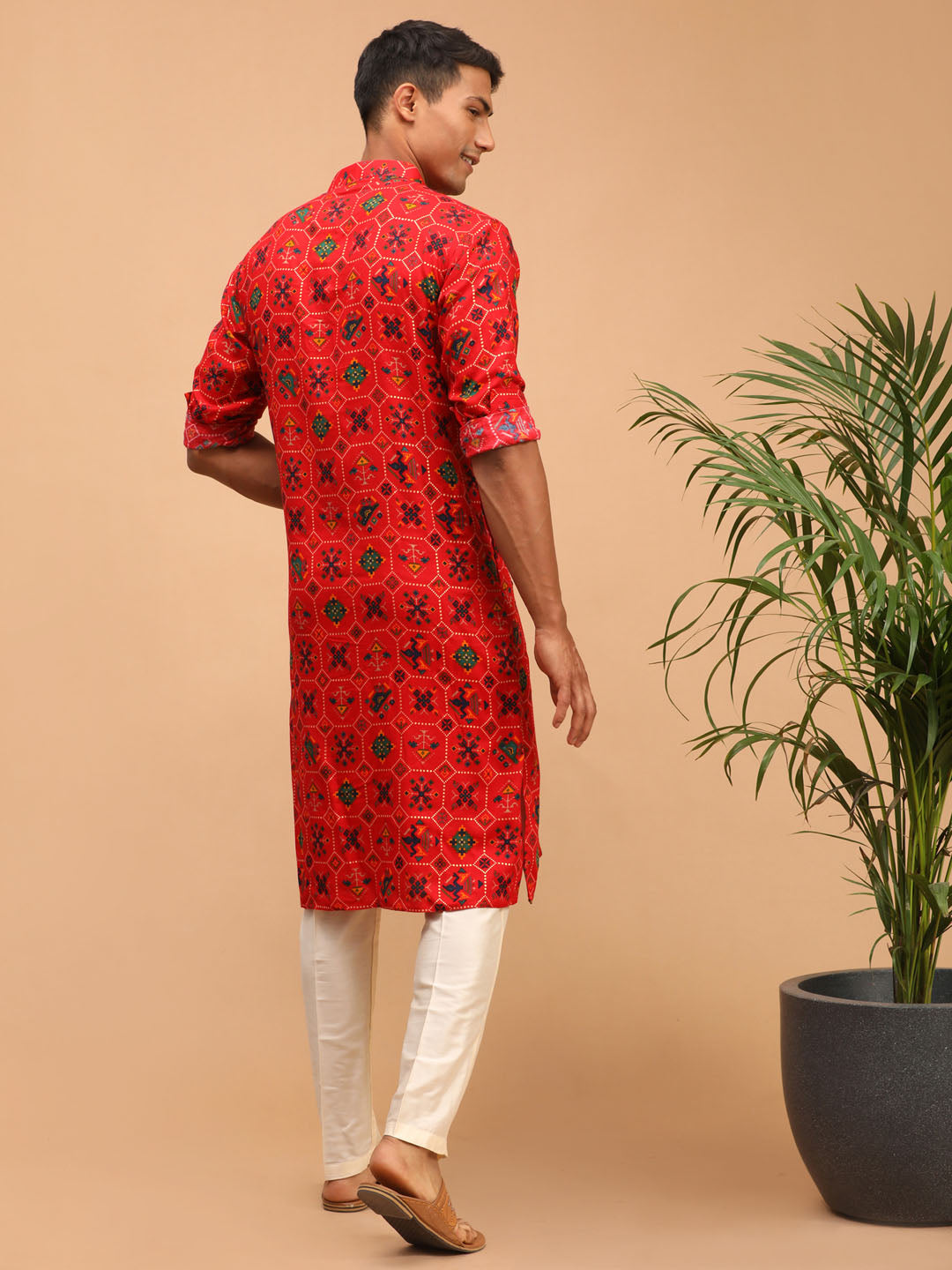 Men's Red Cotton Blend Pathani Kurta Pyjama Set
