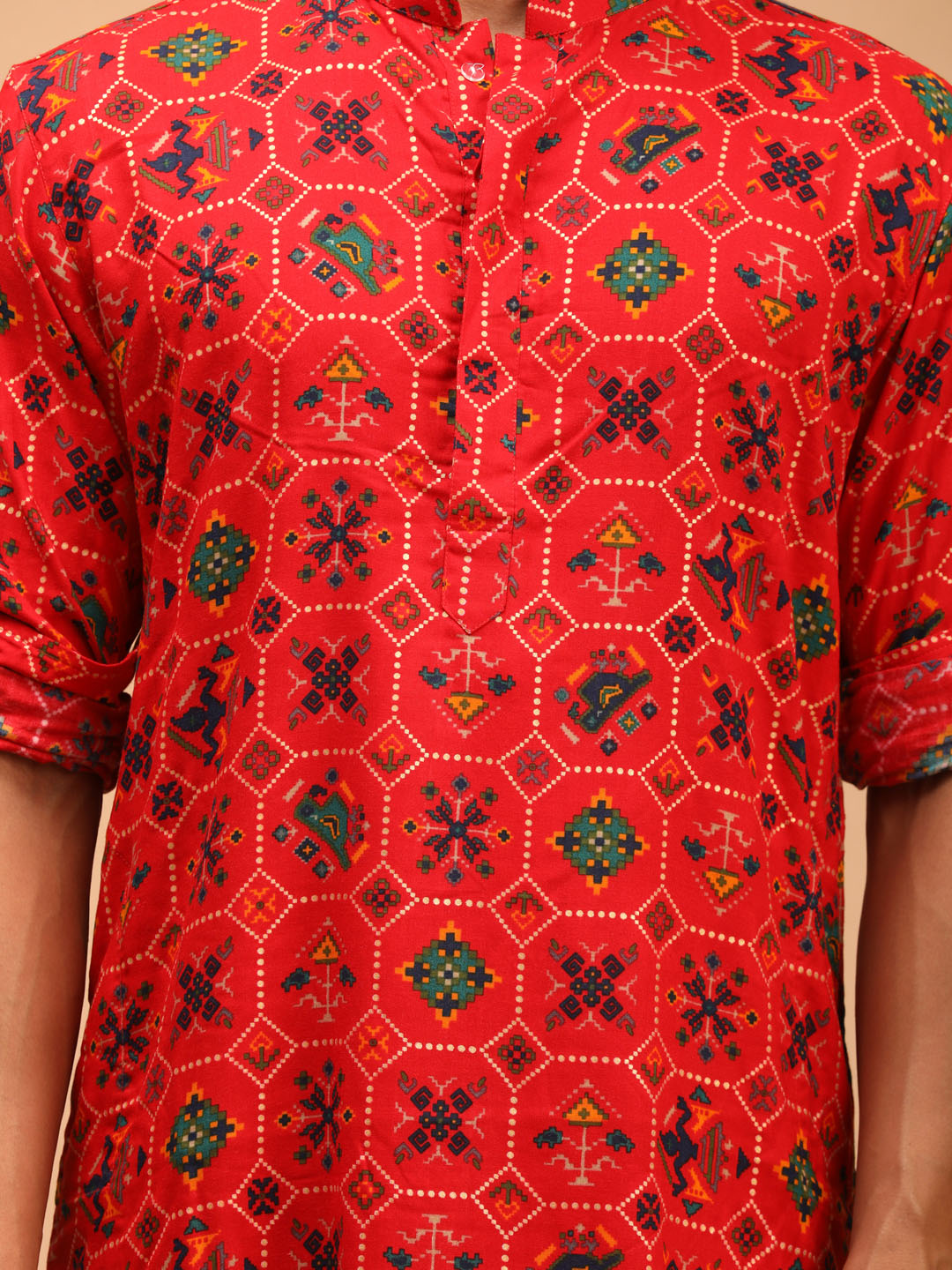 Men's Red Cotton Blend Pathani Kurta Pyjama Set