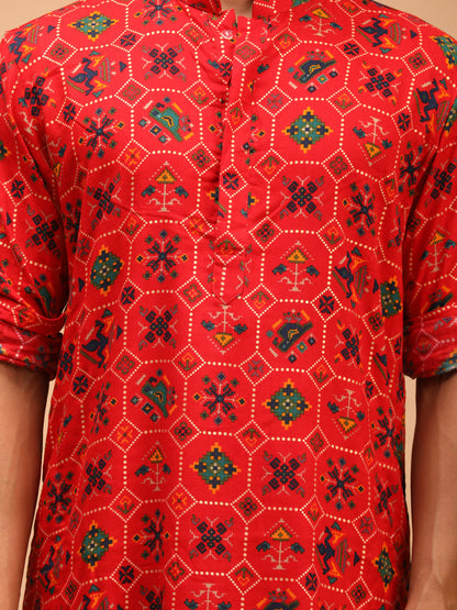 Men's Red Cotton Blend Pathani Kurta Pyjama Set