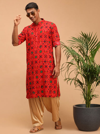 Men's Red Cotton Blend Pathani Kurta and Patiala Set