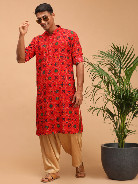 Men's Red Cotton Blend Pathani Kurta and Patiala Set