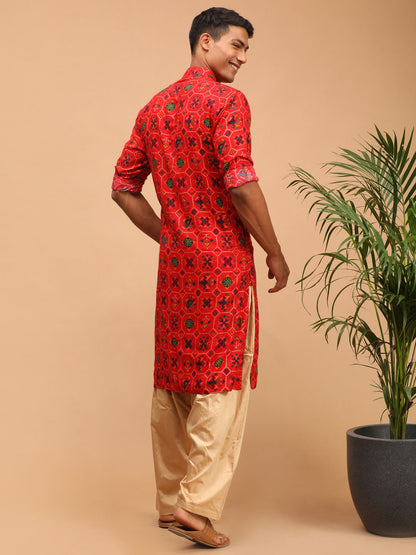 Men's Red Cotton Blend Pathani Kurta and Patiala Set