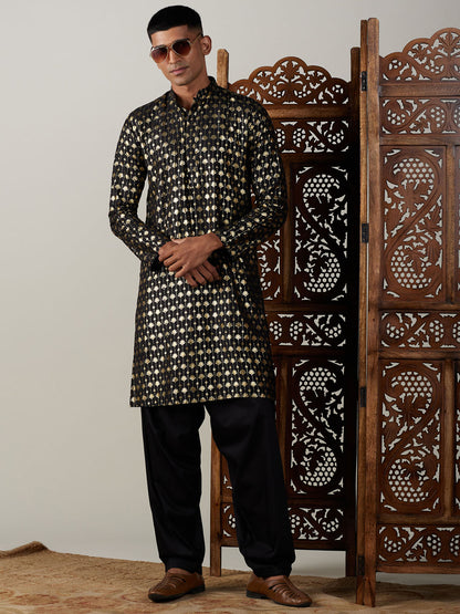 Men's Black Viscose Straight Kurta and Patiala Set