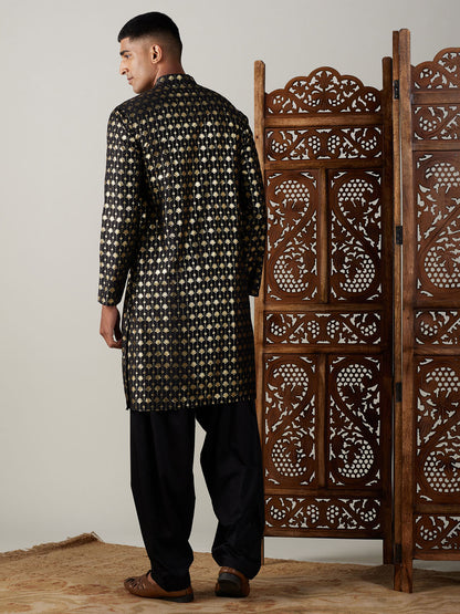 Men's Black Viscose Straight Kurta and Patiala Set