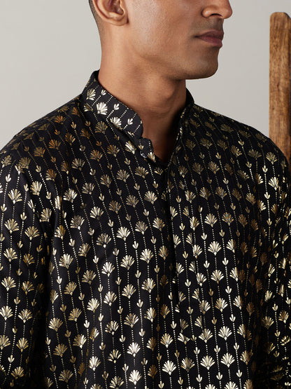 Men's Black Viscose Straight Kurta and Patiala Set