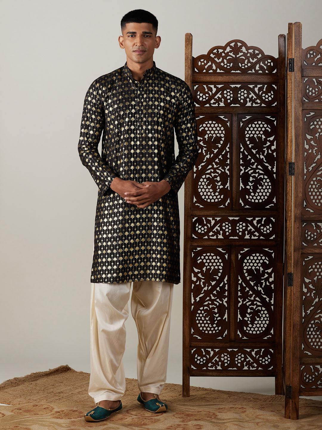 Men's Black Viscose Straight Kurta and Patiala Set