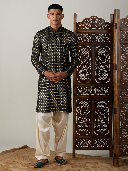 Men's Black Viscose Straight Kurta and Patiala Set