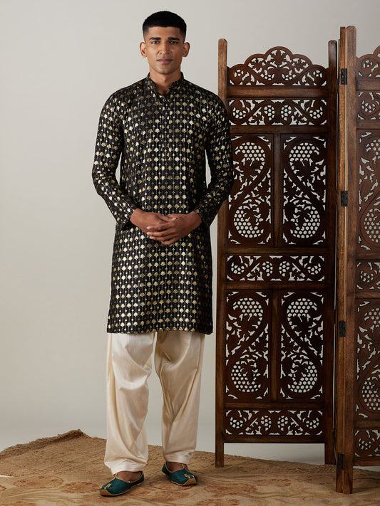 Men's Black Viscose Straight Kurta and Patiala Set