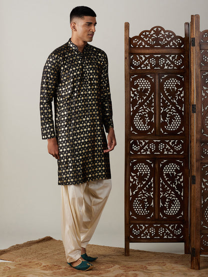 Men's Black Viscose Straight Kurta and Patiala Set
