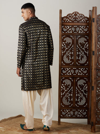 Men's Black Viscose Straight Kurta and Patiala Set