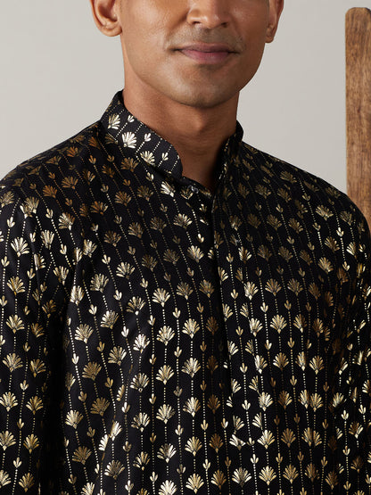 Men's Black Viscose Straight Kurta and Patiala Set