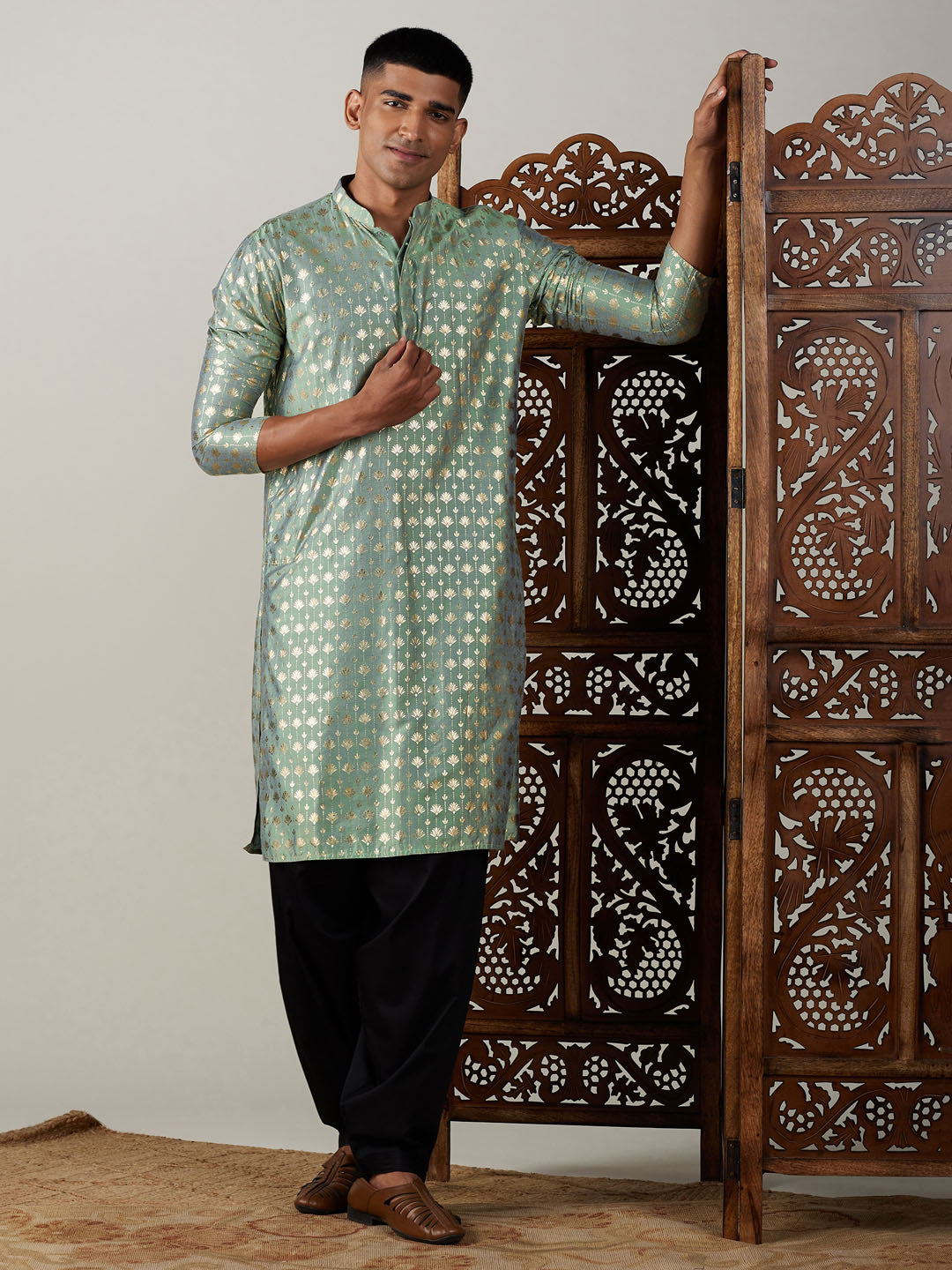 Men's Green Viscose Straight Kurta and Patiala Set