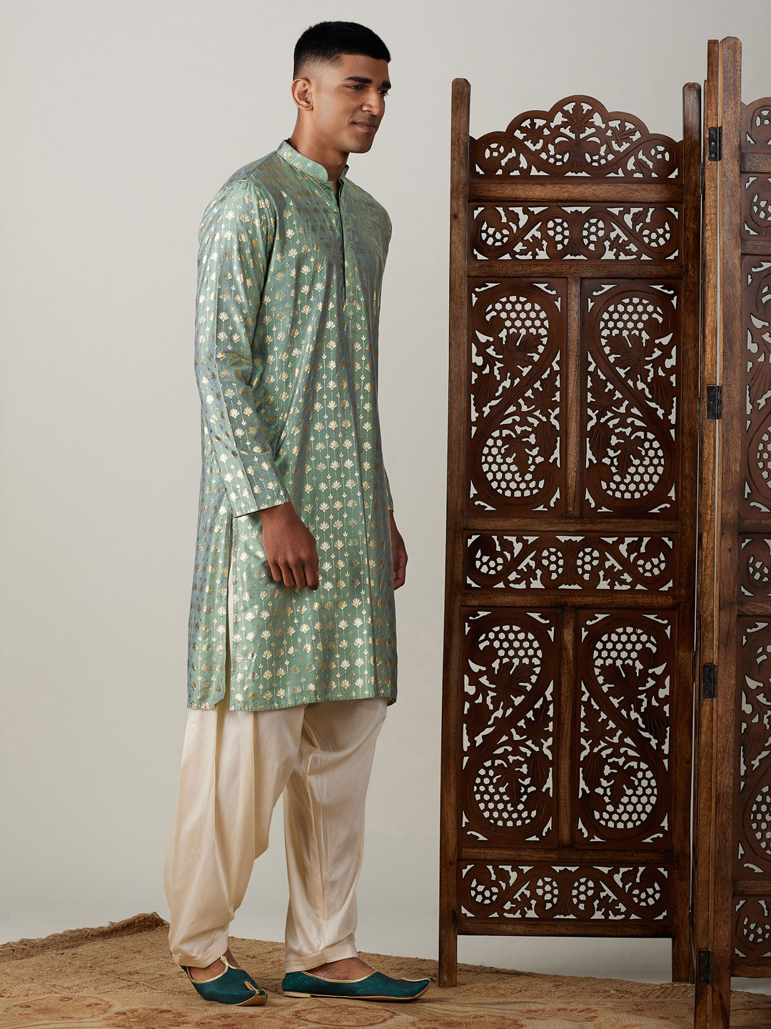 Men's Green Viscose Straight Kurta and Patiala Set