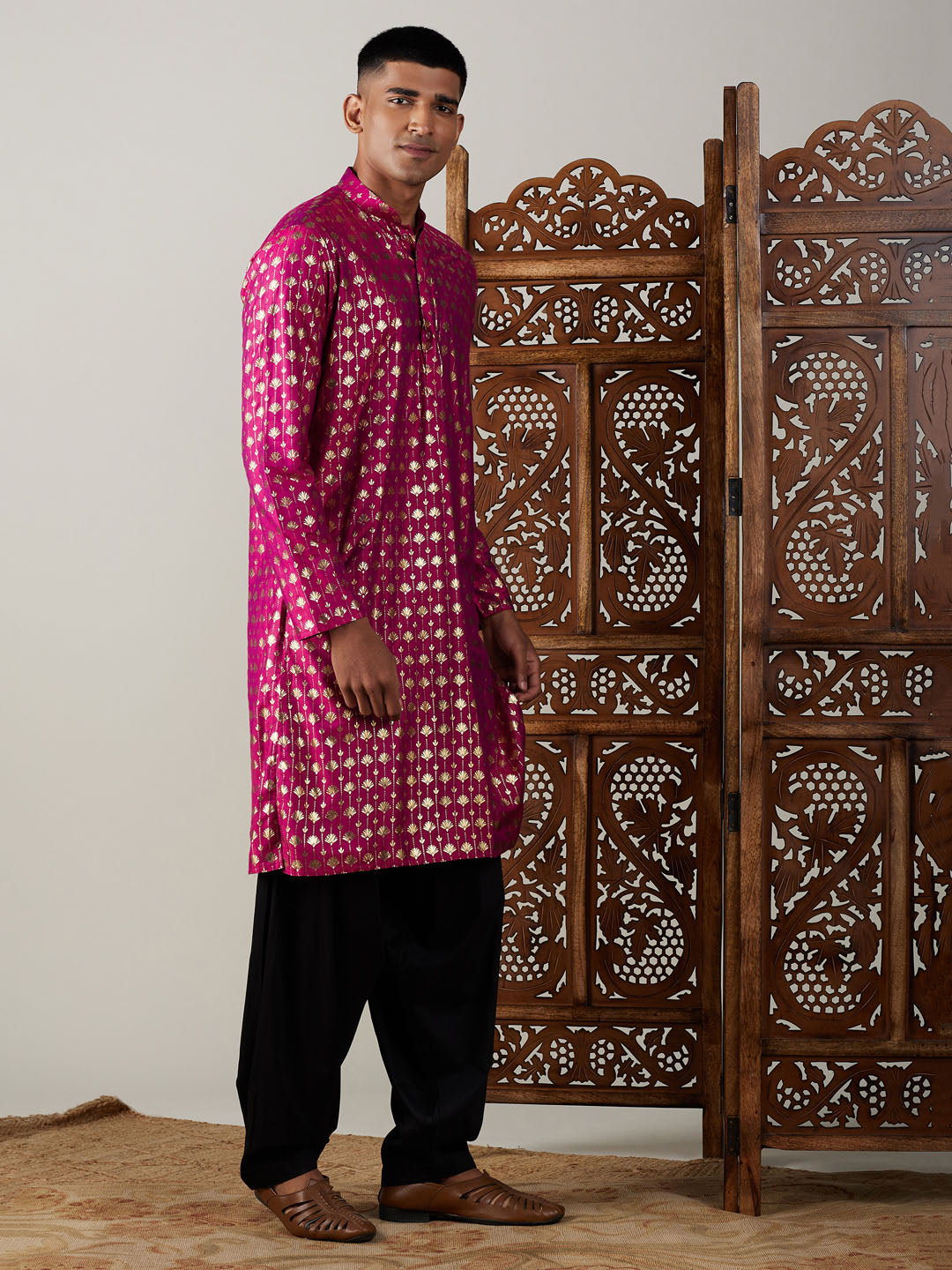 Men's Pink Viscose Straight Kurta and Patiala Set