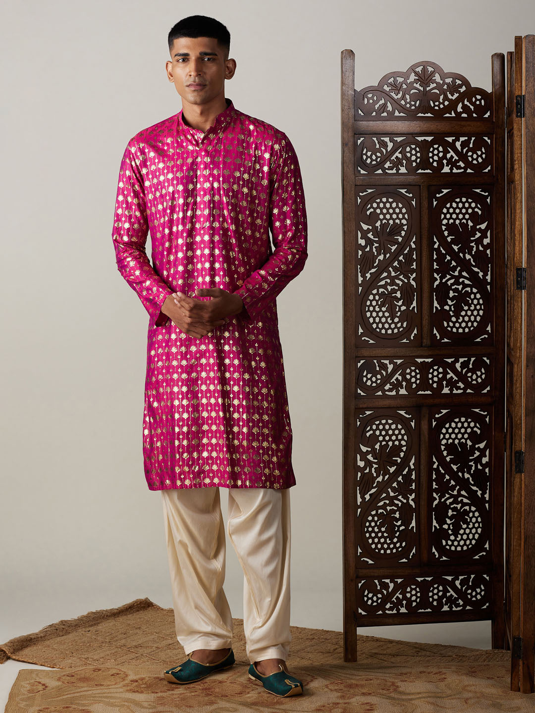 Men's Pink Viscose Straight Kurta and Patiala Set