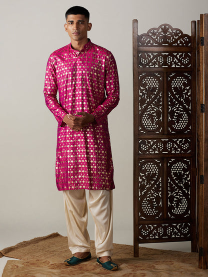 Men's Pink Viscose Straight Kurta and Patiala Set