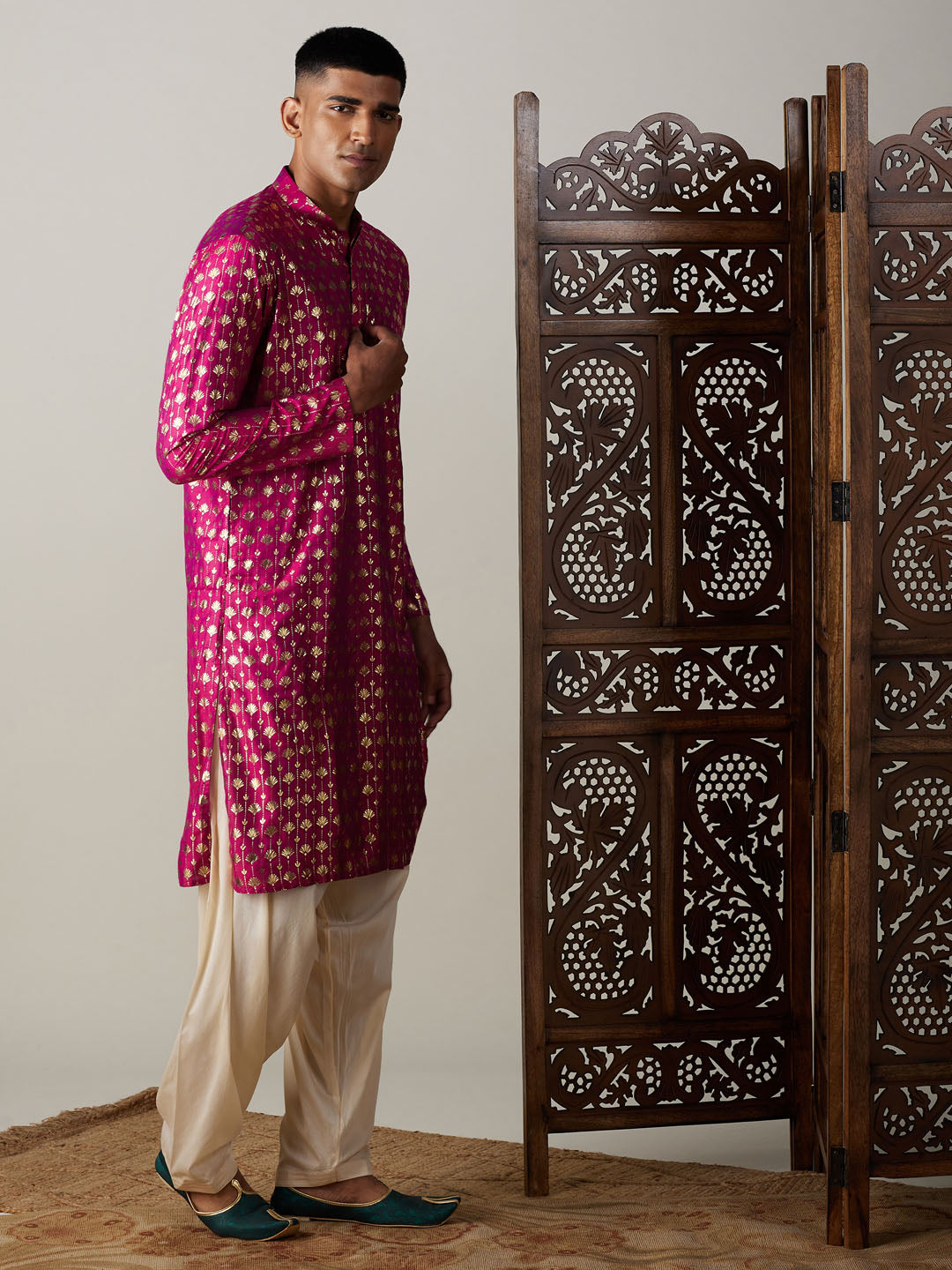 Men's Pink Viscose Straight Kurta and Patiala Set