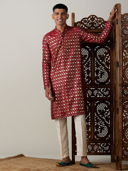 Men's Maroon Viscose Straight Kurta Pyjama Set