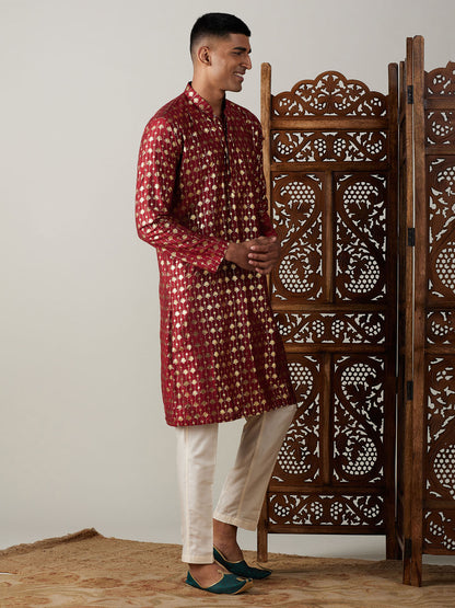 Men's Maroon Viscose Straight Kurta Pyjama Set