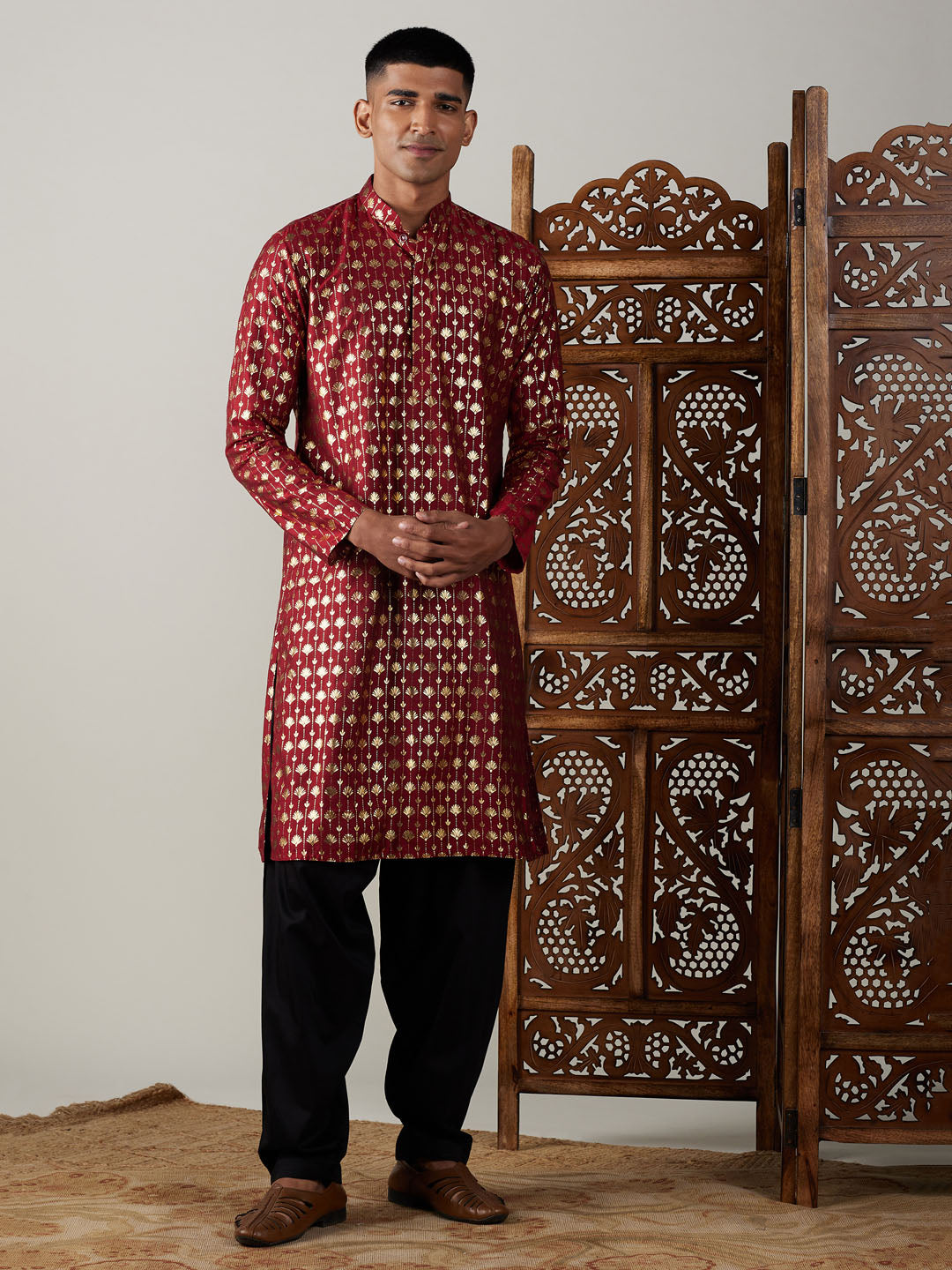 Men's Maroon Viscose Straight Kurta and Patiala Set